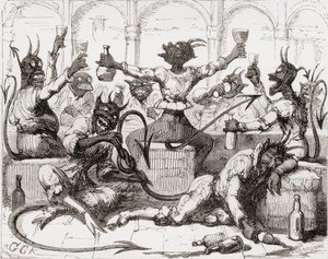 `` بينما يربط Beelzebub عقدة ضخمة في قصته &39;&39; ، رسم توضيحي بعد جورج Cruikshank لقصيدة "The Lay of St. بواسطة مدرسة اللغة الإنجليزية